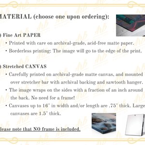 May include: An image showing material options for artwork, including fine art paper and stretched canvas. The text describes the printing process, paper type, and canvas thickness. The image includes small sample images of the finished products.