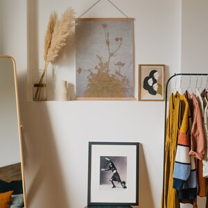 May include: A room interior featuring framed art and decorative items. A large framed print of a dancer is on a small table. Above, a botanical print hangs, and a smaller artwork depicts three figures. A clothing rack with various garments is on the right.