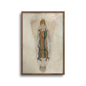May include: A framed artwork featuring a figure in a colorful, vertically striped garment. The painting has a muted color palette with a light background and a brown wooden frame. The figure's attire includes red, green, and yellow stripes.