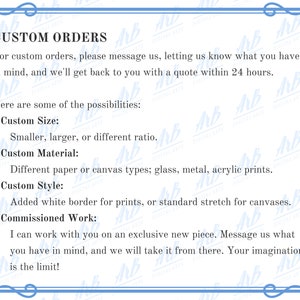 May include: A white background with a blue decorative border and text that reads "CUSTOM ORDERS". The text describes custom order options, including size, material, style, and commissioned work. The text encourages customers to message for a quote.