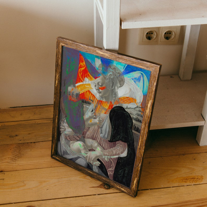 May include: A framed print of a Renaissance-style painting. The artwork depicts figures in a religious scene, with vibrant colors and detailed brushstrokes. The frame is a warm, dark brown, complementing the artwork's rich tones.