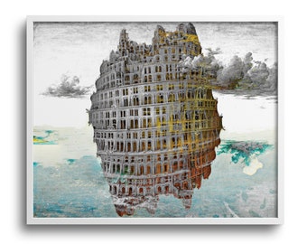 Floating Tower of Babel, Surreal Print, Altered Antique Painting, Original Artwork, Paper or Canvas – 8x10, 11x14, 16x20, 24x30 in