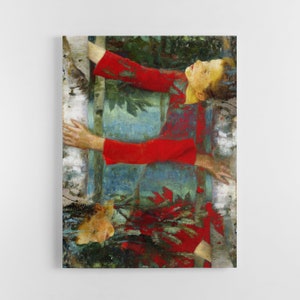 K&ouml;nnte beinhalten: Ein gerahmter Kunstdruck eines Gem&auml;ldes, das eine Person in einem roten Kleid mit ausgestreckten Armen vor dem Hintergrund von B&auml;umen und Laub zeigt. Das Kunstwerk verwendet Rot-, Blau- und Gr&uuml;nt&ouml;ne mit sichtbaren Pinselstrichen.