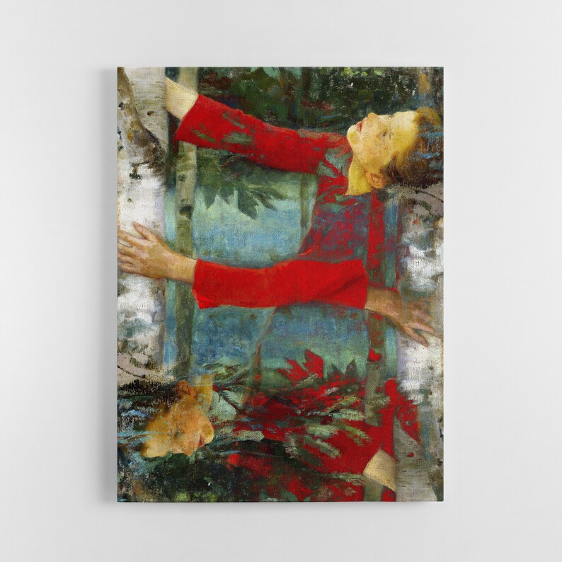 K&ouml;nnte beinhalten: Ein gerahmter Kunstdruck eines Gem&auml;ldes, das eine Person in einem roten Kleid mit ausgestreckten Armen vor dem Hintergrund von B&auml;umen und Laub zeigt. Das Kunstwerk verwendet Rot-, Blau- und Gr&uuml;nt&ouml;ne mit sichtbaren Pinselstrichen.