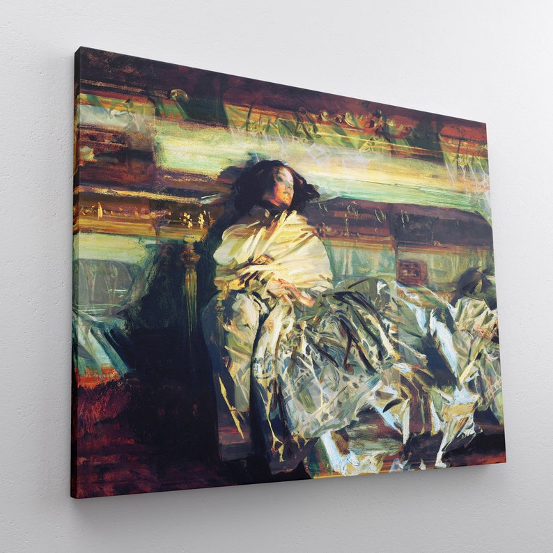 May include: A canvas print of an oil painting featuring a woman draped in a cream-colored shawl and a flowing dress. The artwork has a warm color palette with gold, brown, and green tones, creating a classical aesthetic.
