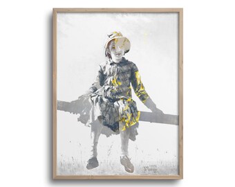 Little Girl Sitting on a Branch, Vintage Portrait, Altered Antique Painting, Paper or Canvas Print – 6x8, 9x12, 12x16, 18x24, 24x32 in