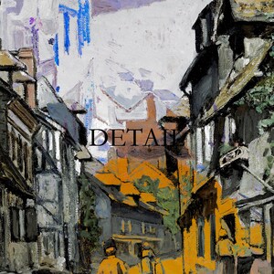 May include: An impressionistic painting of a European street scene. Buildings with orange, gray, and white facades line the street. The word "DETAIL" is printed in black across the image. The sky is a mix of white, blue, and purple.