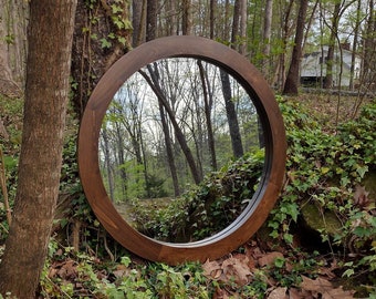 Round Mirror - Modern Flat - Walnut Tone Finish