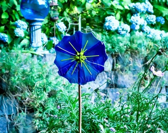 Fused Glass Garden Art flower Cobalt Blue  with copper stake