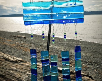 Fused Glass wind chime, in beautiful colors of blues and turquoise.