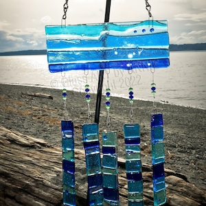 Fused Glass wind chime, in beautiful colors of blues and turquoise.