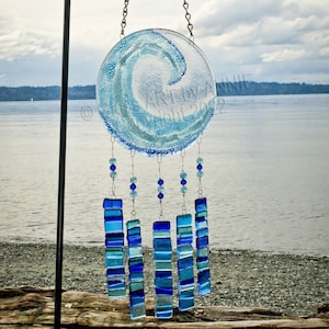 Fused Glass Ocean wave wind chime, in beautiful colors of blues and turquoise.