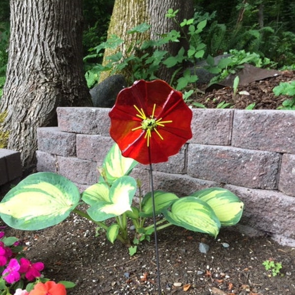 Fused Glass Garden Art flower Red with copper stake