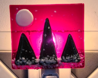 Fused Glass Nightlight Green Trees Forest Handmade Bedroom Bathroom Nature Woodland Decor Gift