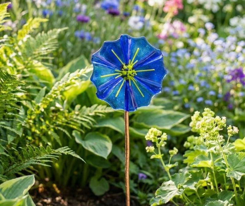 Cobalt Blue Fused Glass Flower Garden Stake – Outdoor Yard Art