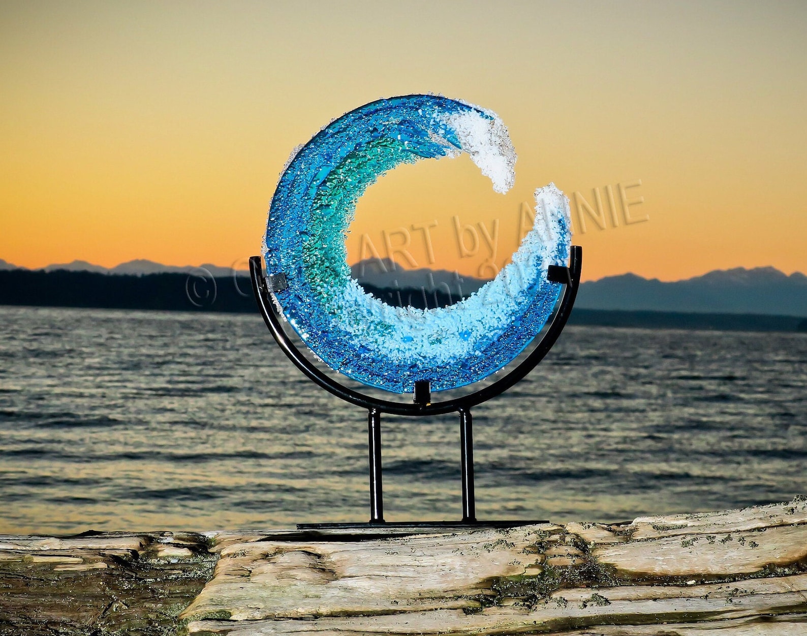 Turquoise Ocean Wave Fused Glass Art