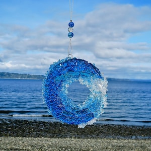 Handmade Fused Glass  Ocean Wave Ornament/Suncatcher Cobalt Blue or Turquoise