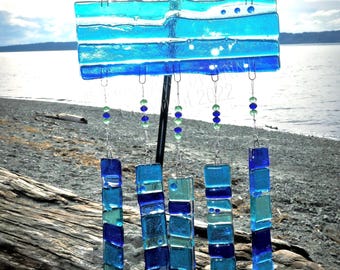 Fused Glass Wind Chime, Turquoise Blue Decor, Handmade