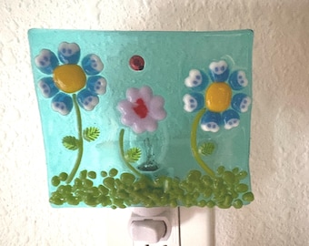 Fused Glass Nightlight Ladybug Blue Flowers Handmade Nursery Bedroom Bathroom Kids Cheerful Gift