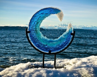 Fused Glass Ocean Wave Art: Turquoise Beach Decor (12 inch)
