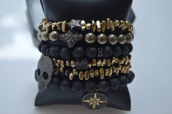 Rockstar Bracelet Set stretch Bracelets mixed Colors hematite gold black Lava Beads pyrite stack Bracelets Etsy