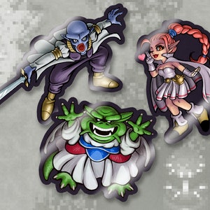 May include: Three cartoon characters with a white background. A blue skinned character with a sword, a green character with a large mouth, and a pink haired character with a heart in her hand.