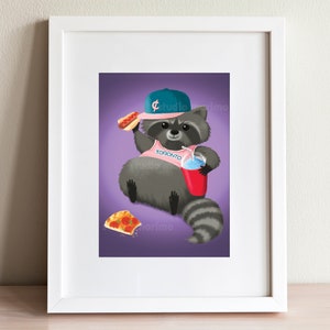 May include: A cartoon raccoon wearing a blue baseball cap with a white "C" on it, a pink tank top with "Toronto" written on it, and a gray and black striped tail. The raccoon is holding a hot dog in one hand and a red cup with a blue drink in the other. There is a slice of pizza on the ground in front of the raccoon.
