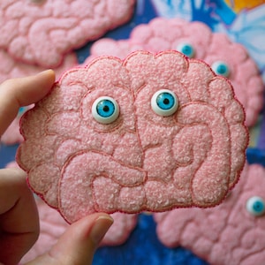 May include: Pink felt brain with two blue googly eyes. The brain is shaped like a human brain with detailed stitching.