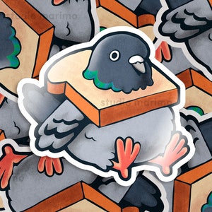 May include: A sticker featuring a cartoon pigeon wearing a slice of bread as a hat. The pigeon is grey with a black head and a green and blue iridescent neck. The bread is brown with a white crust. The sticker is on a white background.