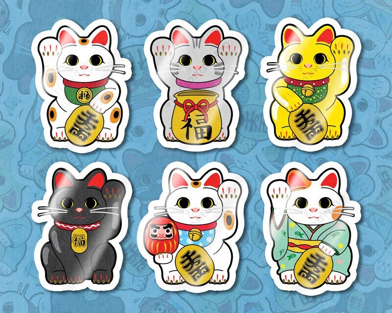 Lucky Cat / Maneki Neko 6PC Vinyl Sticker Set