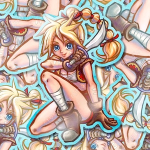 May include: A sticker featuring a cartoon illustration of a blonde female character with blue eyes, wearing a brown leather outfit and holding a sword. The character is kneeling with one leg bent and the other leg extended. The sticker has a blue border.