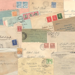 May include: A collection of vintage envelopes addressed to Robert Stack at Universal Studios in Universal City, California. The envelopes are various colors and have different postage stamps.