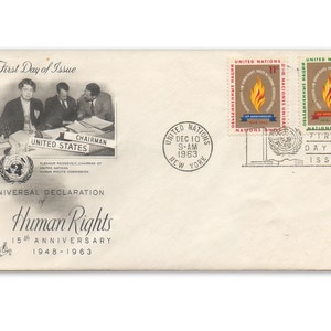 May include: First Day of Issue envelope with a United Nations stamp commemorating the 15th anniversary of the Universal Declaration of Human Rights. The stamp features a flame and the text "15th Anniversary 1948-1963".