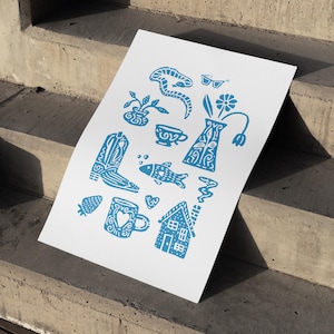 Lino-Cut Style Illustration Print – Cozy Doodles, Blue Minimalist Art (Digital Download)