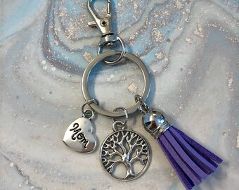 Mom Keychain with Tree of Life Charm, Mom Heart Charm, and Colored Tassel (Pick Your Color) | Same or Next Day Shipping