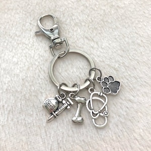 Veterinarian Keychain Gift | Vet Tech Gift | Vial and Syringe, Bone, Stethoscope, Animal Pet Paw | Silver Charms | Same or Next Day Shipping