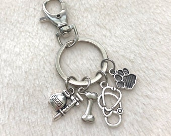 Veterinarian Keychain Gift | Vet Tech Gift | Vial and Syringe, Bone, Stethoscope, Animal Pet Paw | Silver Charms | Same or Next Day Shipping