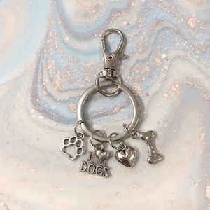 Dog Keychain, Pet Owner Gift, Keychain with 4 Silver Charms - Dog Paw, I Love Dogs, Heart, and Dog Bone