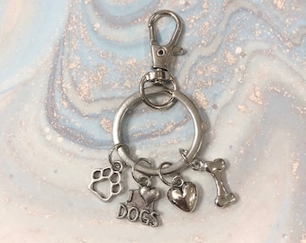 Dog Keychain, Pet Owner Gift, Keychain with 4 Silver Charms - Dog Paw, I Love Dogs, Heart, and Dog Bone