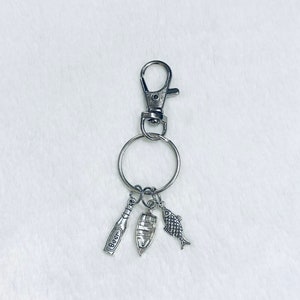 Fisherman Keychain | Father’s Day Keyring Gift | Silver Beer Bottle, Fishing Boat, and Fish Charms | Fast Shipping