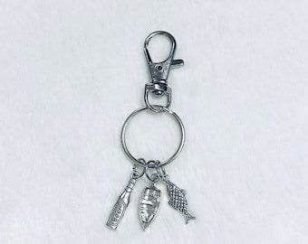 Fisherman Keychain | Father’s Day Keyring Gift | Silver Beer Bottle, Fishing Boat, and Fish Charms | Fast Shipping