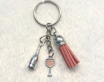 White, Red, Rosé Wine Keychain with Colored Tassel, Wine Glass and Wine Bottle Charm, Resin Filled Silver Charms, Fun Holiday Gift