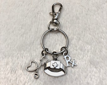 Nurse Keychain, Nurse Appreciation Gift, Healthcare Worker, Stethoscope, Nurse Cap, Rx Charm
