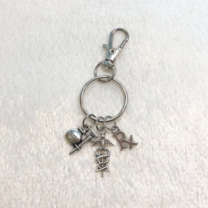 May include: Silver keychain with a variety of charms, including a syringe, a caduceus, and a pharmacy symbol. The keychain is attached to a silver split ring.