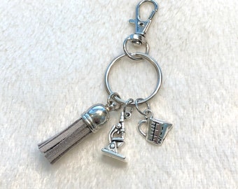 Chemistry Keychain | Scientist or Science Teacher Gift | Microscope, Measuring Cup, and Colored Tassel (Pick Your Color) | Silver Keyring