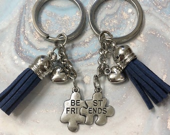 Matching Best Friend Keychains (Set of 2) | Puzzle Piece Charms, Heart Charm, & Colored Tassel (Pick Your Color) | Same or Next Day Shipping