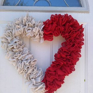 Heart shaped wreath in red and white burlap