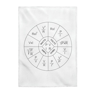 May include: White rectangular towel featuring a black diagram of electrical formulas. The diagram is circular, with sections labeled Watts, Volts, Amps, and Ohms, and includes various formulas like V²/R and P/I.