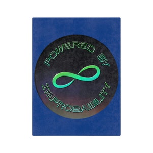 May include: A blue background with a black circle containing the text "POWERED BY IMPROBABILITY" in white with a green infinity symbol in the center.