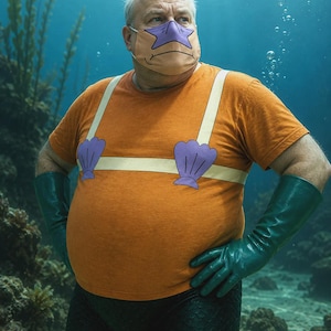 May include: An orange t-shirt featuring a printed design of a beige harness with two purple seashell accents, paired with a face mask displaying a purple starfish graphic, and long dark green gloves worn over black leggings in an underwater setting.